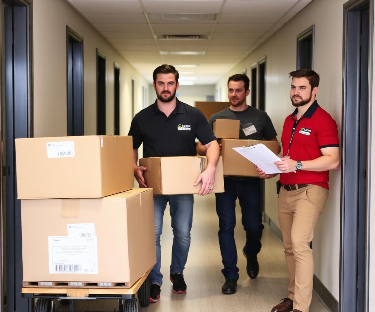 Movers carrying labelled boxes during an office relocation